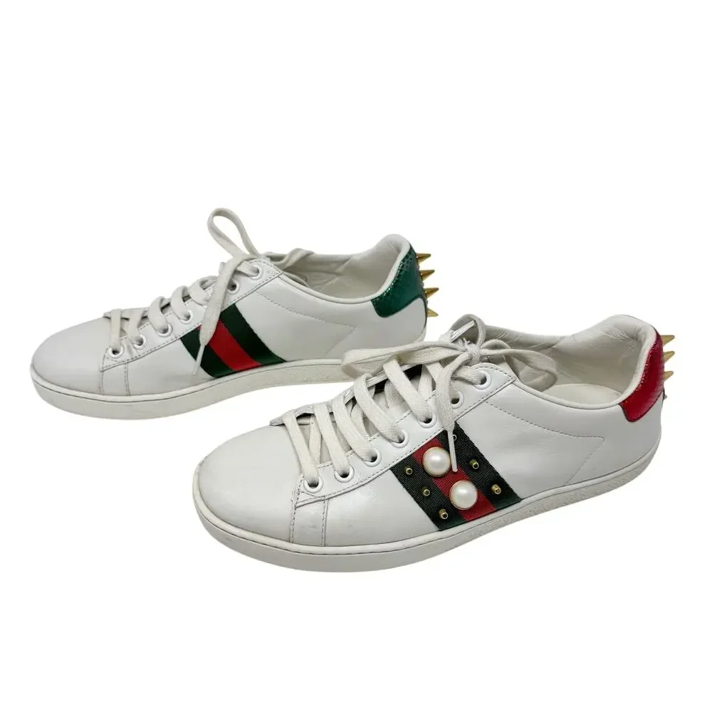 Gucci Ace Sneakers 37 White Leather Pearl Stud Web Stripe Spiked Heel - Picture 3 of 10
